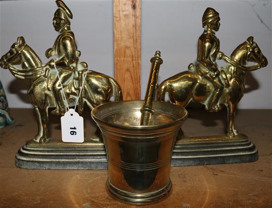 2 brass door stops, brass pestle & mortar